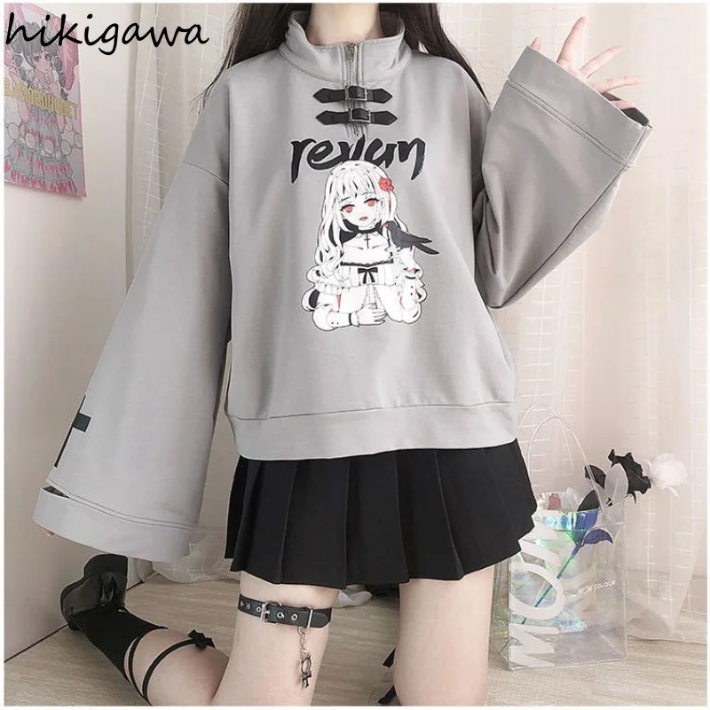 Japanese Hoodies Women Harajuku Half High Collar Long Sleeve Tops 2023 Ropa Mujer Fashion Cartoon Anime Print Sweatshirts 27i669