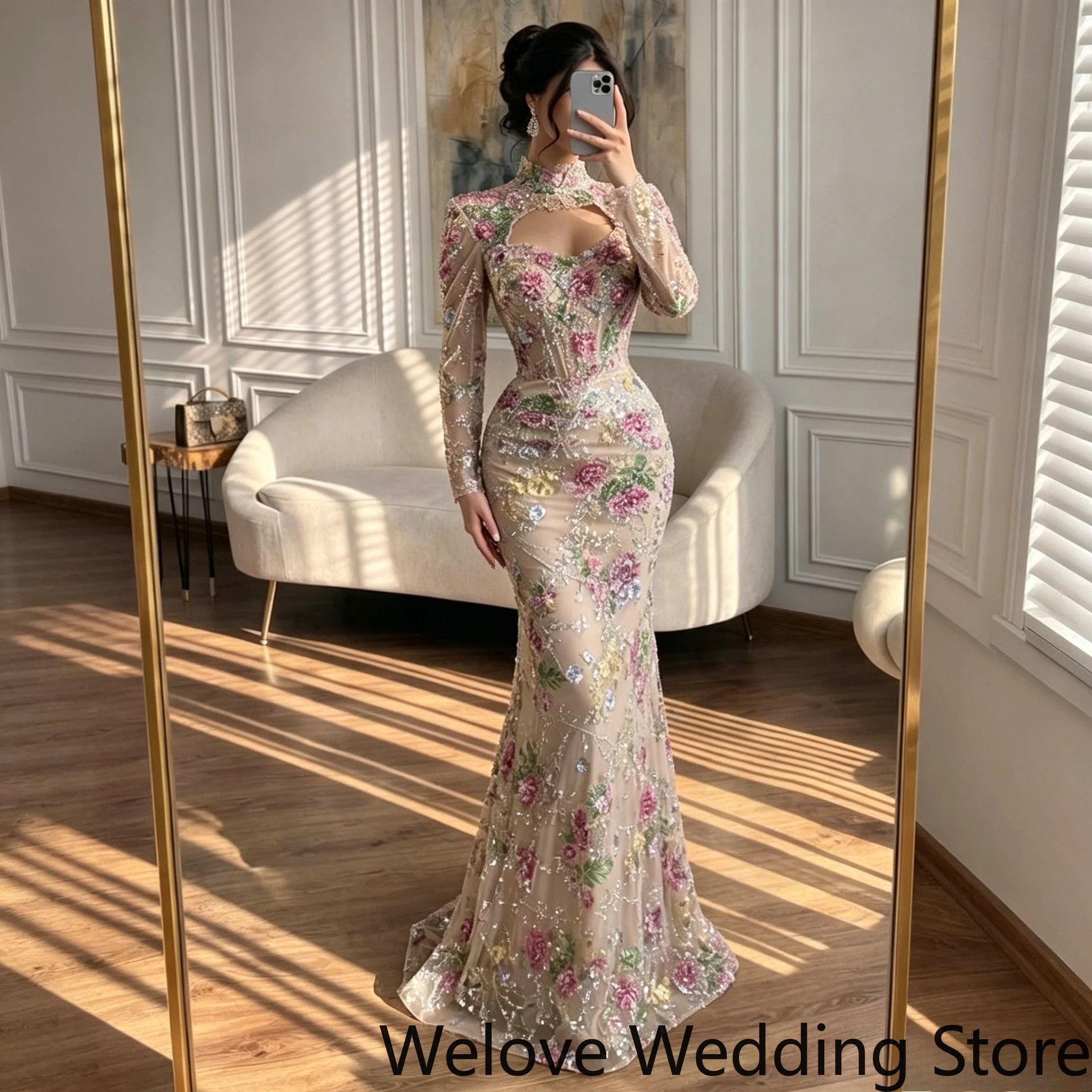 Evening Gown Featuring A High Neckline With Keyhole Cutout, Long Sheer Sleeves, All-Over Floral Embroidery And Sequin Beading