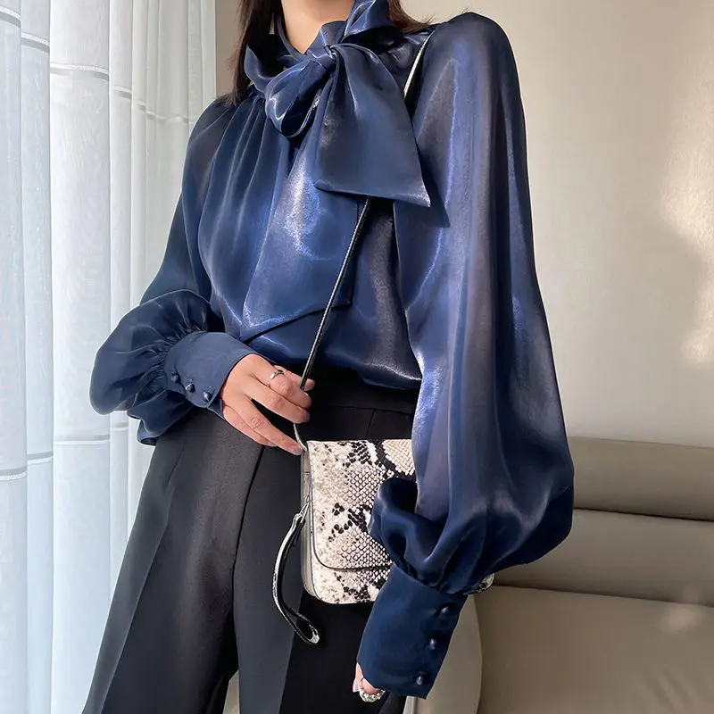 2023 Autumn Vintage Satin Silk Shirt Women Fashion Blouse Elegant Turn Down Collar Female Blouse White Long Sleeve Shirts Tops