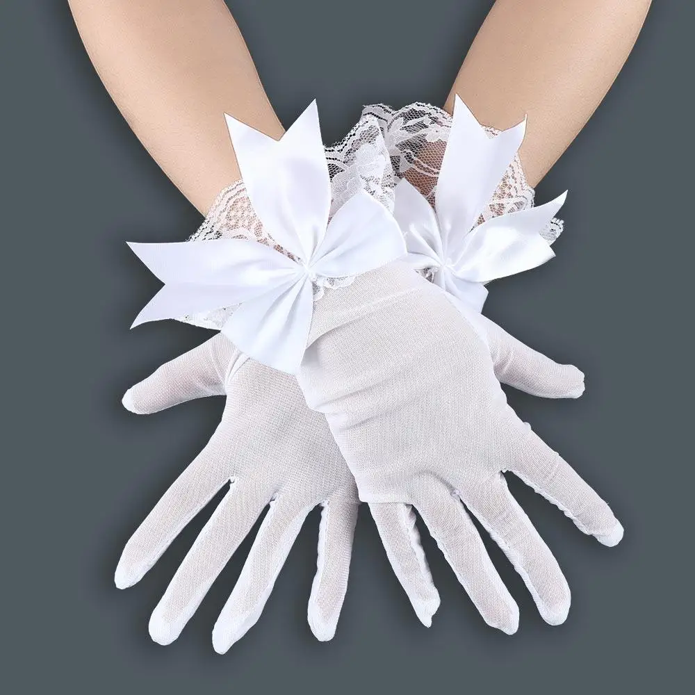 Ladies Black White Cosplay Accessories Wrist Gloves Weddings Bride Mittens Large Bownot Mesh Gloves Lace Gloves