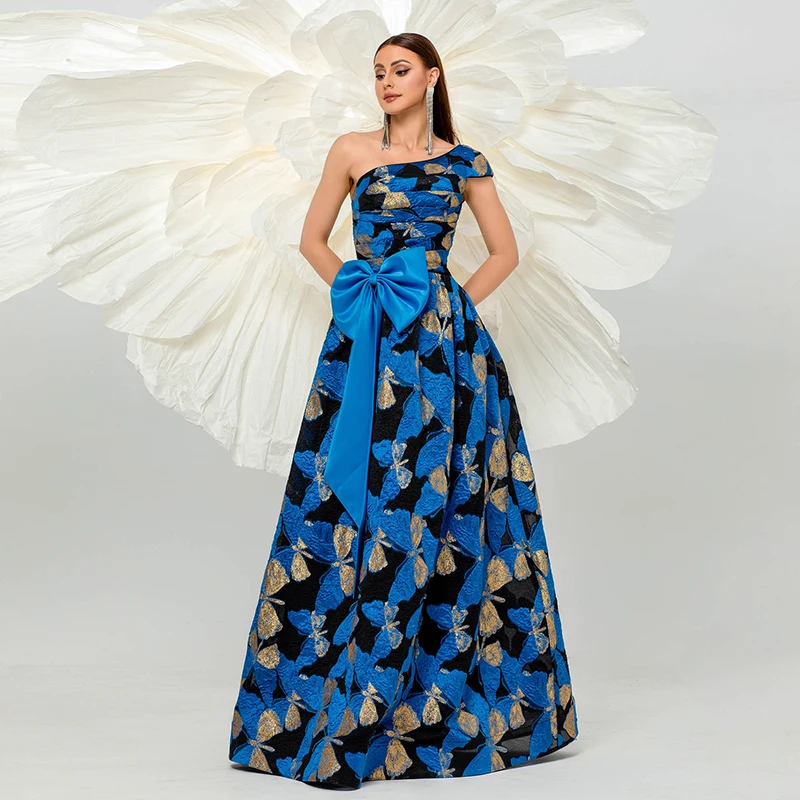 

Summer 2024 Women One Shoulder Butterfly Bow Backless Lace Up Bandage High Waist Elegant Cocktail Party Evening Long Maxi Dress