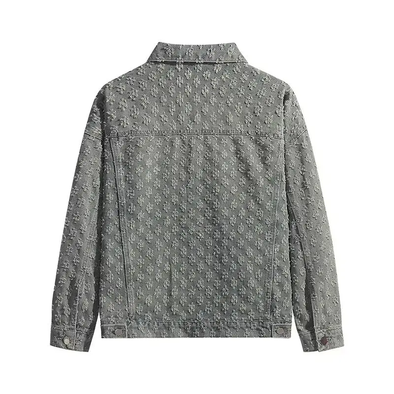 American Spring Autumn Jacquard Pattern Mens Denim Jackets Loosen Fit Vintage Jeans Coats Male Casual Lapel Shirt Wide-Leg Pants