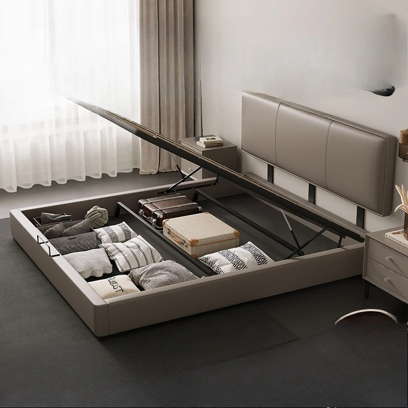 Leather, soft bag bed, simple, minimalist, first layer cowhide, second bedroom, small apartment, double