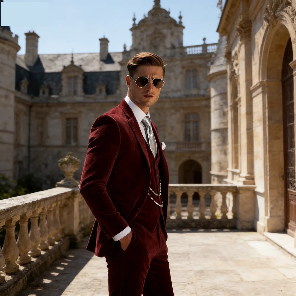 

Men's Unique Slim Fit Wedding Dress Vest Blue Sky Suit Jacket with Lapel Pants And Waistcoat Elegant 3-Piece Groomsmen Attire