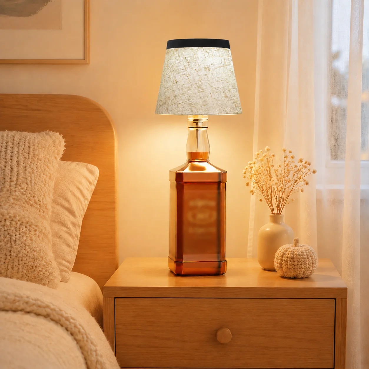Rechargeable Bottle Table Lamp 3 Color Dimming Touch Control, Design Fabric Shade Lamp for Bedroom Living Room Bar Decor