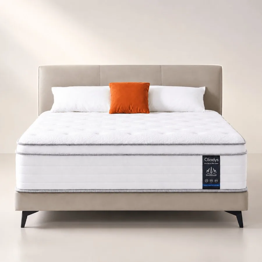 Queen Mattress 12 Inch, Hybrid Spring Mattress for Bedroom Use, Premium Foam and Innerspring, Medium Firm Support, Grey and Nav