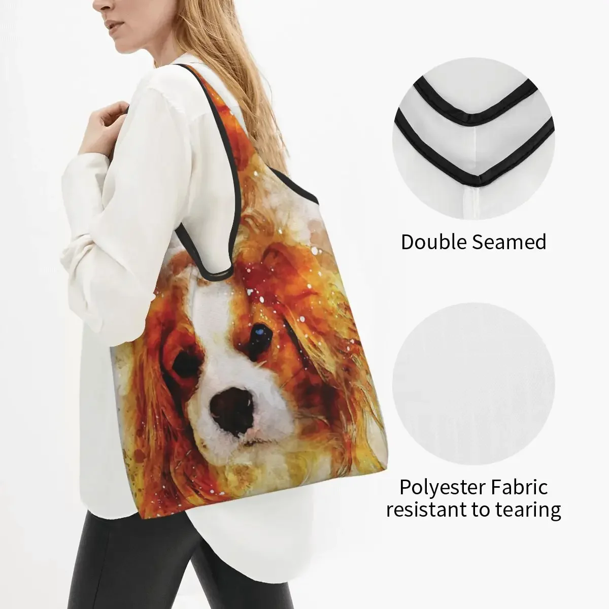 Cavalier King Charles Spaniel Dog Watercolour Portable Tote Shopping Bags Foldable Shopper Bag Groceries Handbag Shoulder Bag