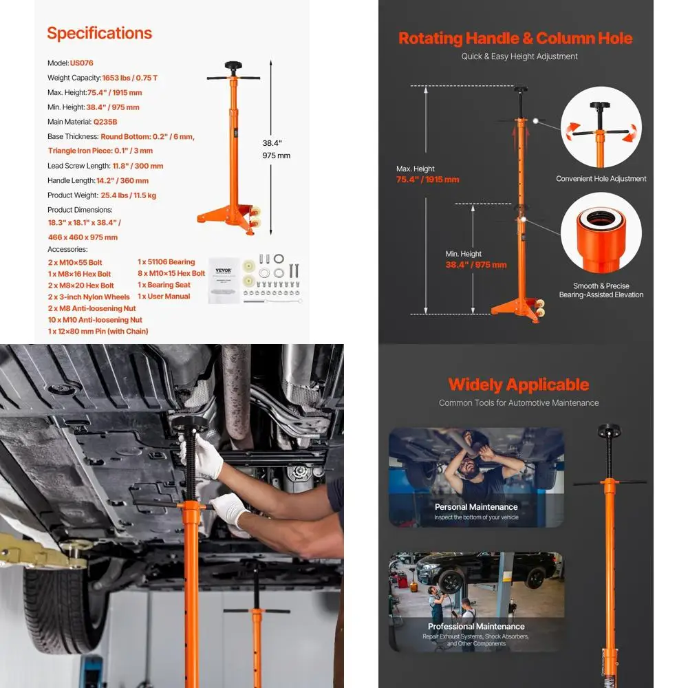 

3/4 Ton Capacity Under Hoist Jack Stand, 38.4-75.4 Lift Range, Bearing Mount, Self-Locking, with Wheels for Vehicle Support