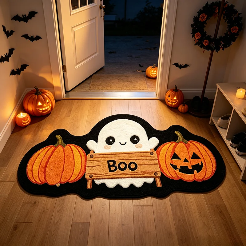 Halloween Cute Ghost Pumpkin Irregular Rug Fun Cartoon Doormat Festive Atmosphere Decor Floor Mat Plush Carpet for Living Room