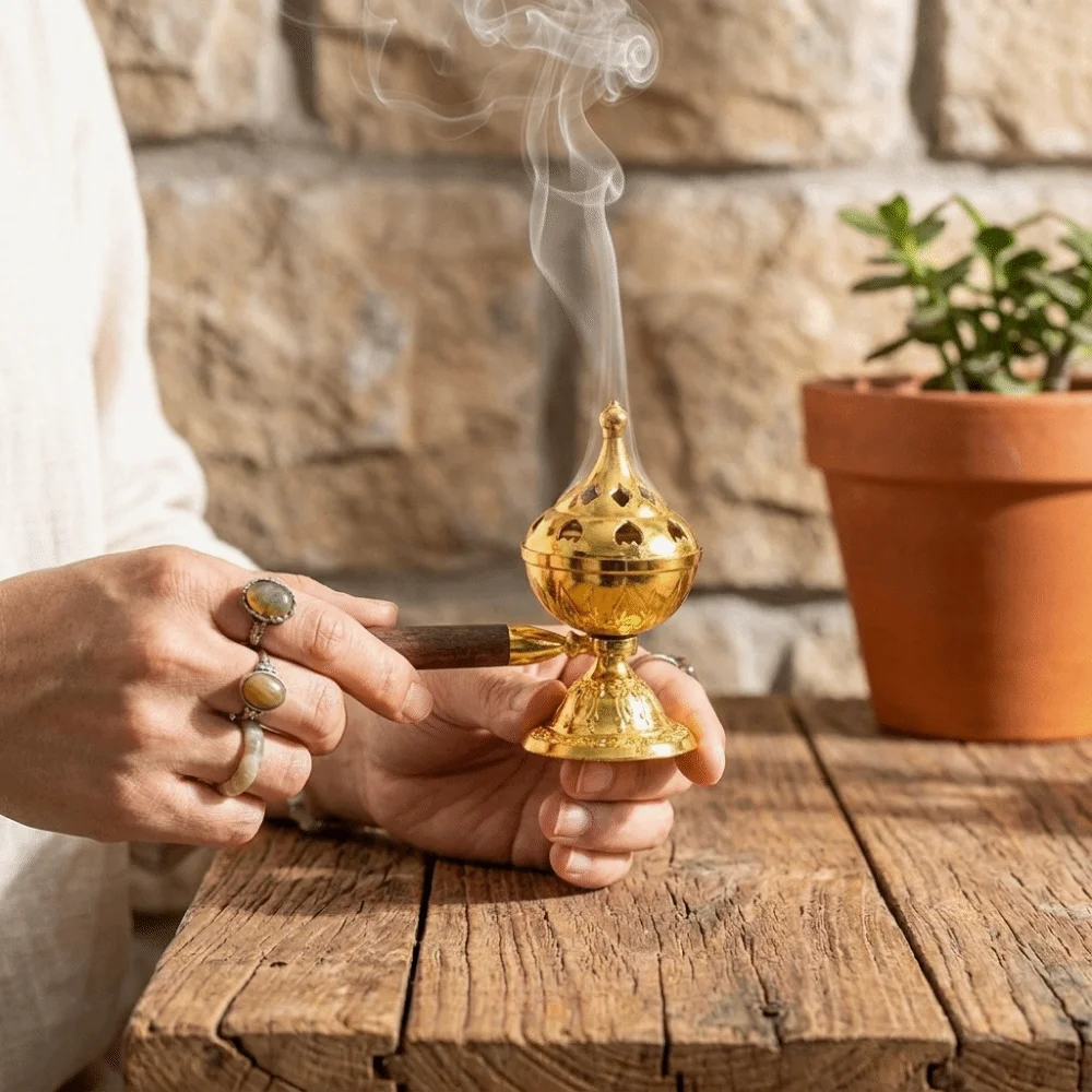 Zinc Alloy Handheld Incense Burner Hollow Out Long-Lasting Fragrance Aromatherapy Stove with Cover Non-Stick Powder