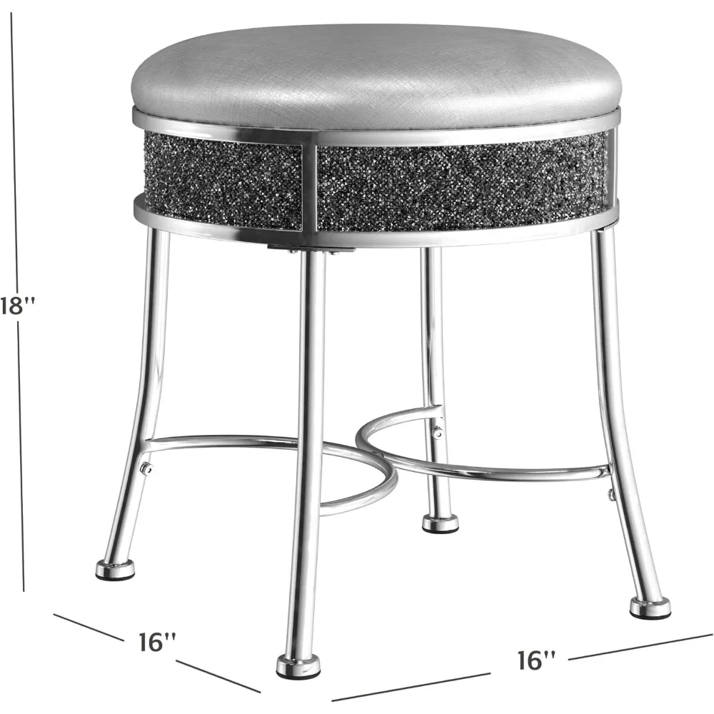 مقعد فانيتي معدني بدون ظهر مع مجموعة ألماس صناعي لغرفة المكياج أو الحمام، فضي #3