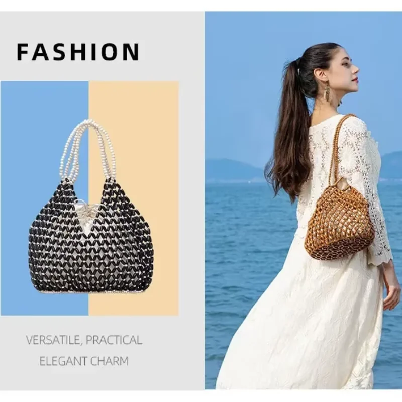 

New Retro Versatile Handmade Woven Beaded Handbag For Women Exquisite Hollow-out Wooden Beaded Shoulder Bag Female Beach Bag