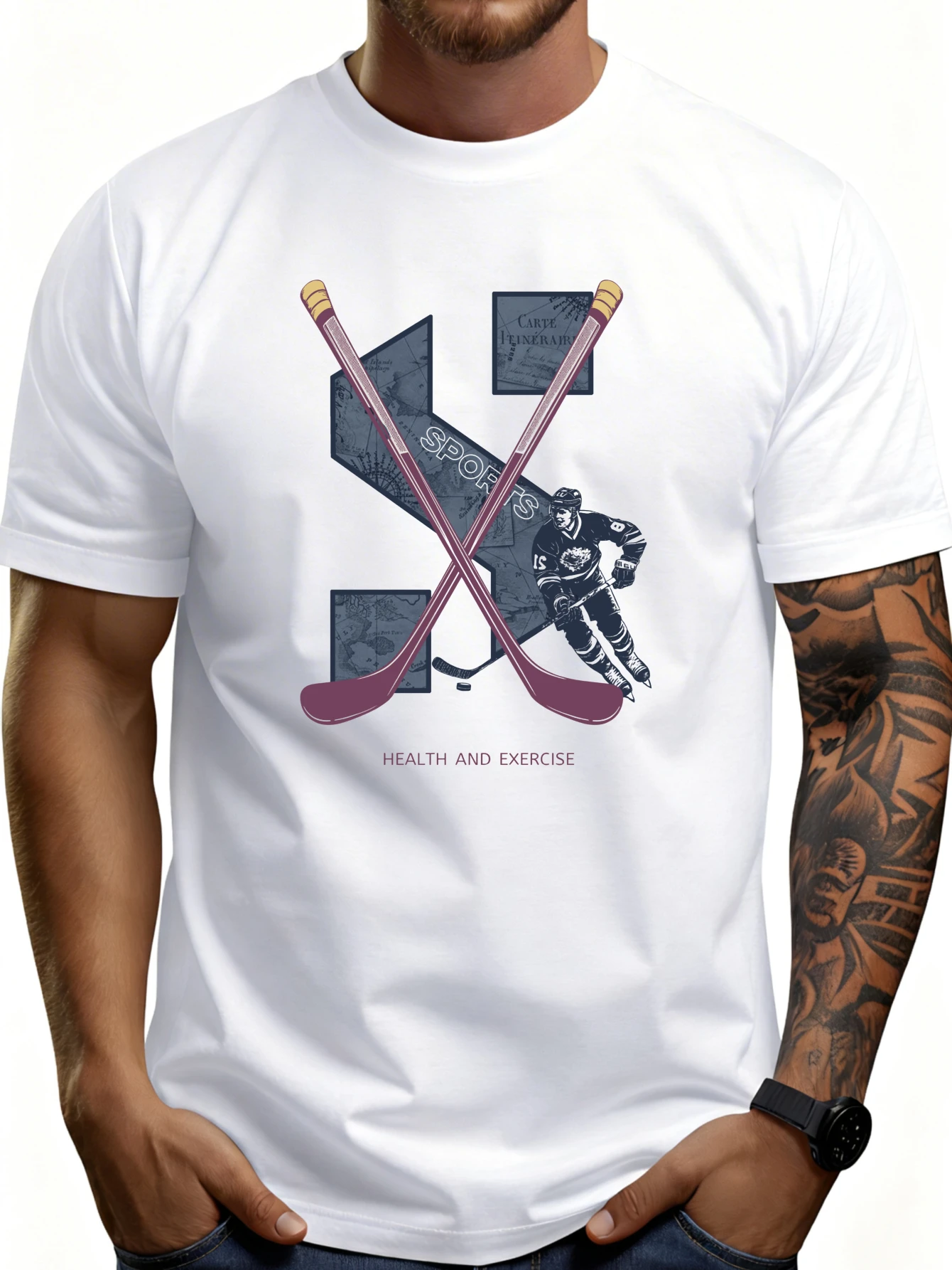 Casual Sports Men's T-Shirt, Featuring Ice Hockey Player and Cross-Stick Designs, with a Health and Sports Theme, Suitable for Active Lifestyles in Spring and Summer, an Ideal Gift for Sports Enthusiasts and Ice Hockey Fans.