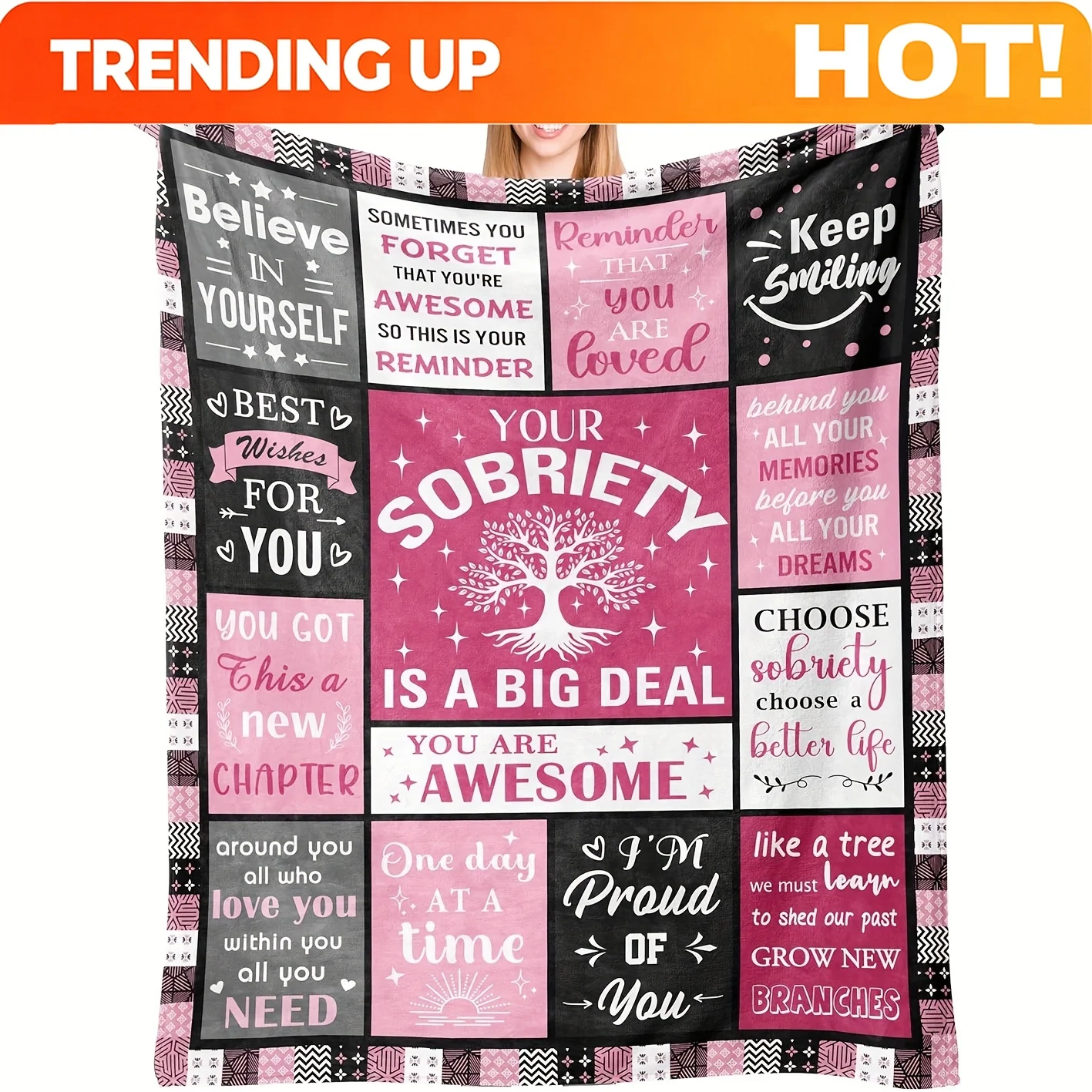 Customize This Soft Flannel Throw Blanket for Women, Designed for Addiction Recovery, Features Uplifting Quotes And Comes in Pin