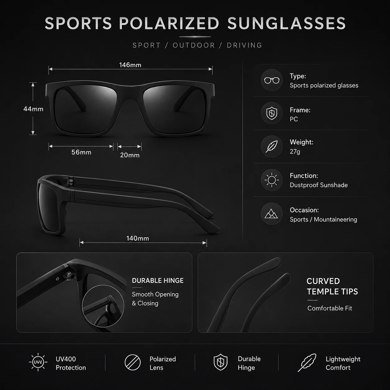 Matte Schwarze Rahmen Polarisierte Sonnenbrille für Herren Quadratisch UV400 Fahrbrille Outdoor-Sport Sonnenbrille – Detail 8