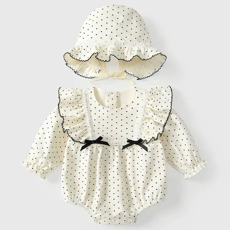 

2Piece Sets Spring Fall Jumpsuits Infant Girl Clothes Korean Cute Dot Princess Long Sleeve Bodysuit+Hat Baby Newborn Items B292