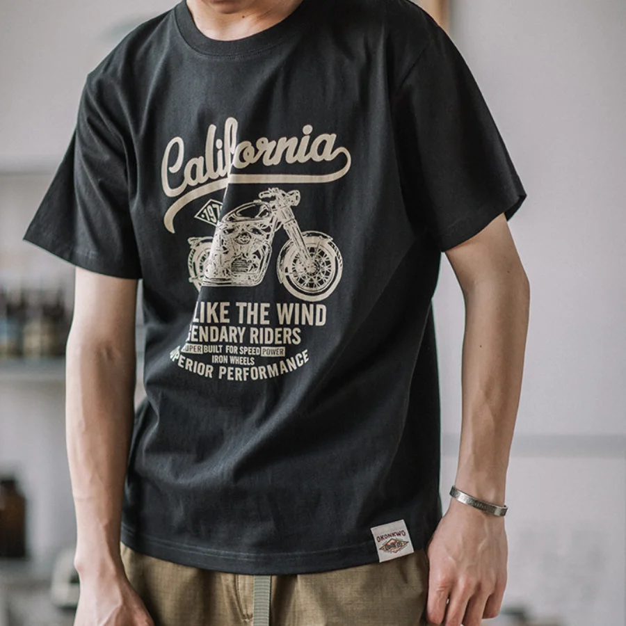 Men's Vintage Motorcycle Print 100% Cotton Short Sleeve T-Shirt 220gsm Summer Tee Ribbed Crew Neck Casual Streetwear Top