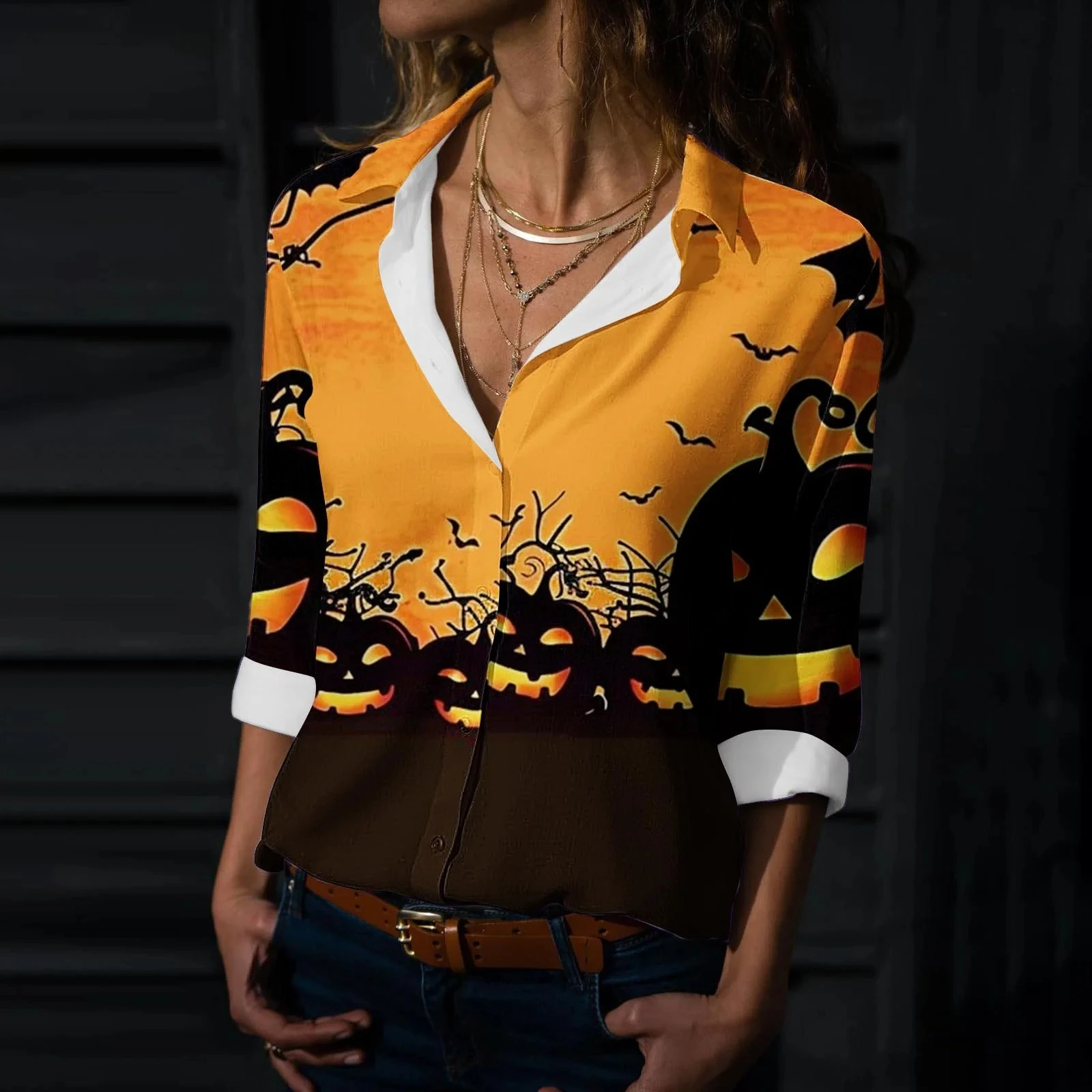 

Женские забавные топы на Хэллоуин, рубашка с принтом тыквенного фонаря, рубашка с длинными рукавами и лацканами, праздничная одежда на пуговицах, осенние подарочные топы