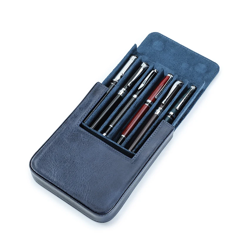 

CONTACTS FAMILY Genuine Leather 6 Slot Pen Case Box Stationery School Supplies Handmade Drawer Style Shockproof Pen case