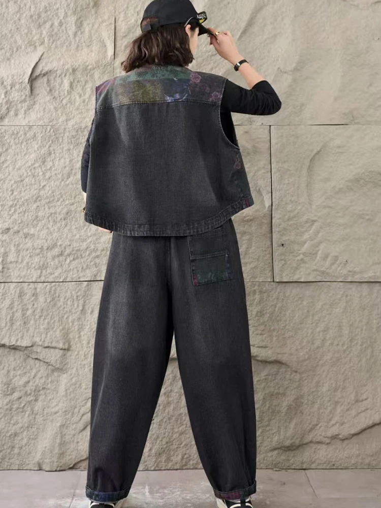 Amax LuluE Ladies Classic Denim 2 Pieces Sets Fashion Vest Suits Vintage Sleeveless Coat Casual Pants Punk Jeans Printed Outfits