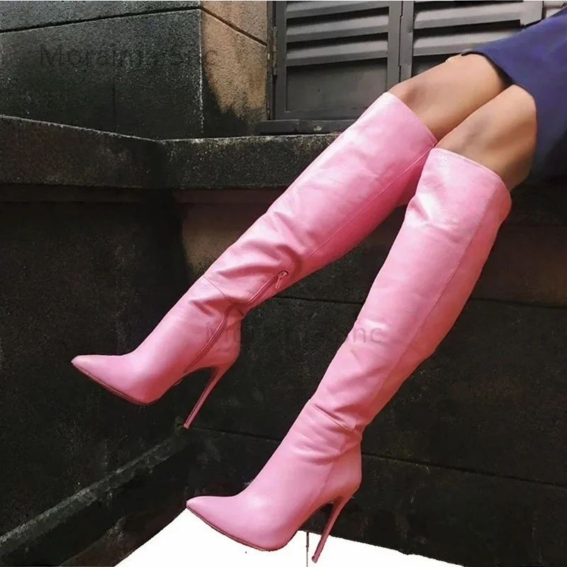

Women's Over The Knee Boots High Heels Black Pink Brown Matte Leather Pointed Toe Zipped Long Boots Slim Autumn Winter Shoes