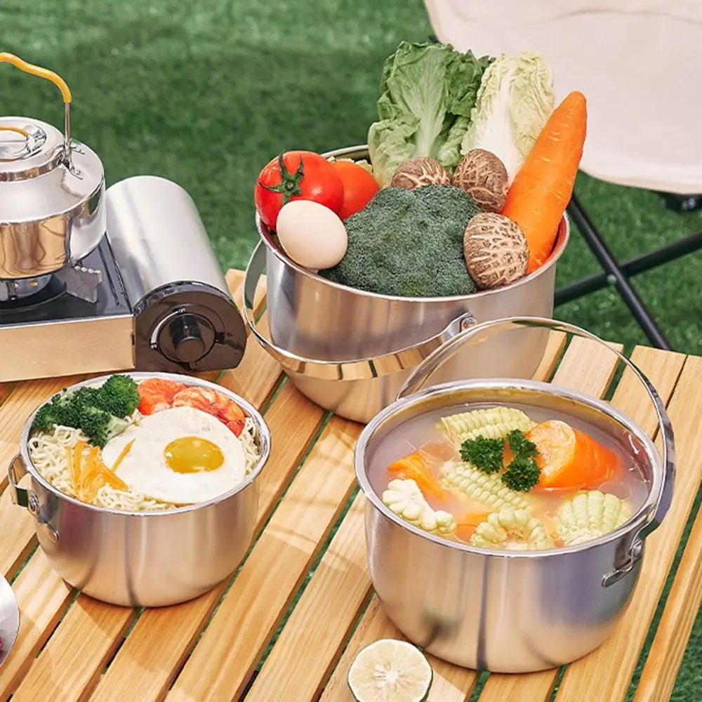 Stainless Steel Outdoor Camping Pot with Handle and Lid Multifunctional Hanging Camping Cookware 17-26cm Durable