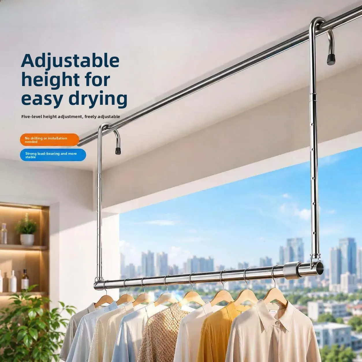 

Adjustable Height Stainless Steel Clothes Drying Rack Balcony Use for Quilts Sheets Modern Style Manual Operation