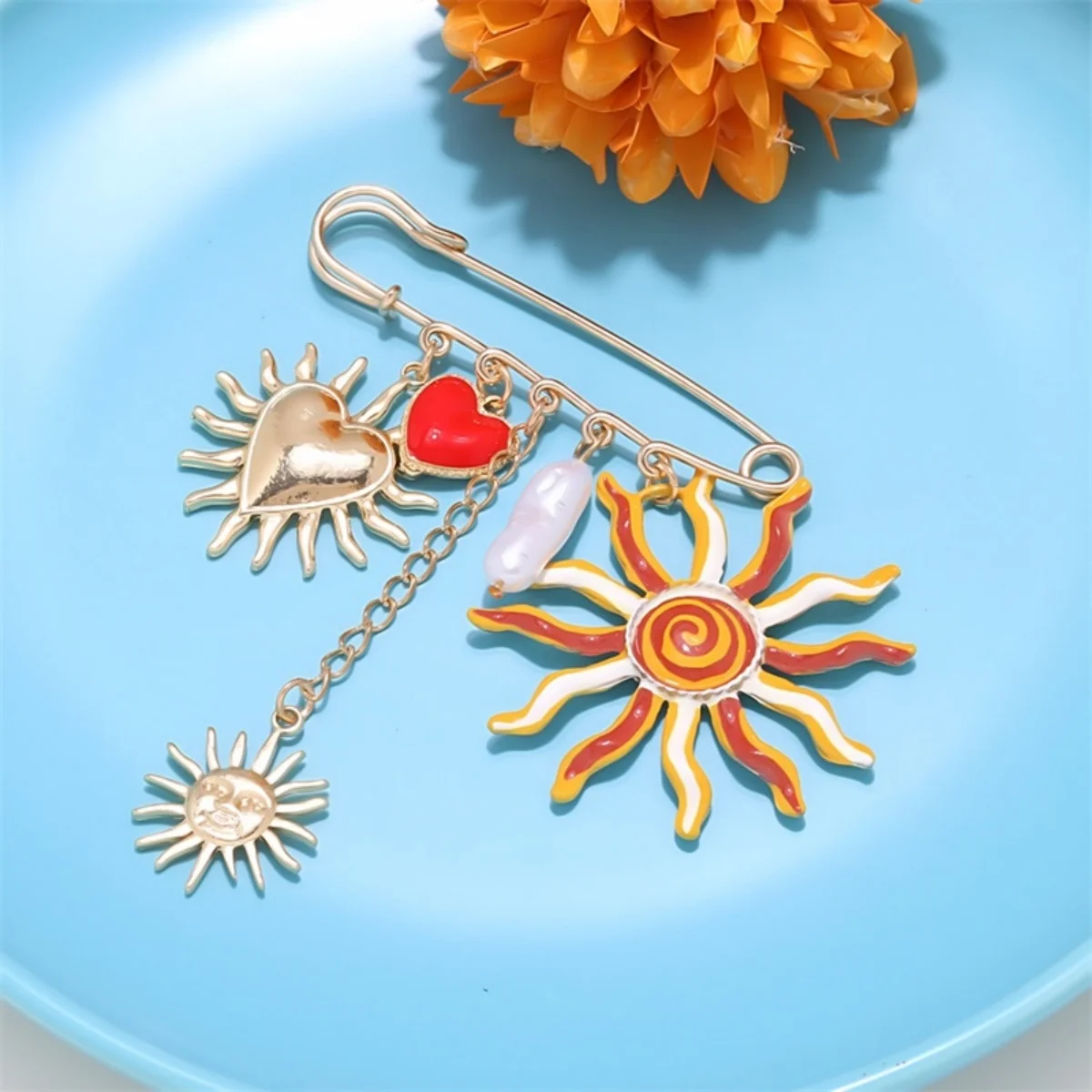 Metall-Muschel-Fisch-Broschen mit unregelmäßigen Imitationsperlen für Damen und Herren, Hummer-Korallen-Blumen-Krabben-Herz-Sonnen-Anstecknadeln, Sommerschmuck – Detail 26