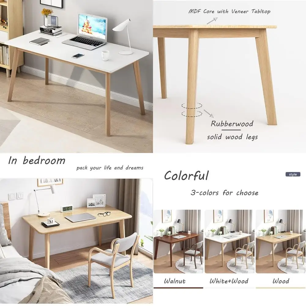 

Modern Minimalist Wooden Laptop Desk - Solid Wood Legs, 55 Wide Home Office Workstation