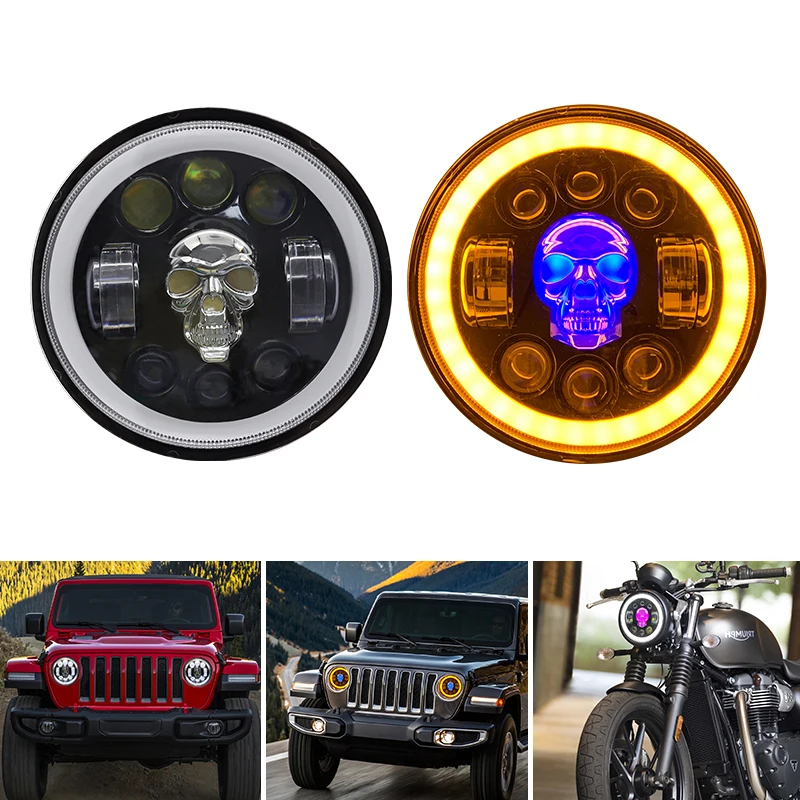 Car LED Black 5.7Inch Skull DRL Round Motorcycle Headlights 65W Turn Signal Angel Eyes Light For Harley Sportster 883 XL883 FXCW