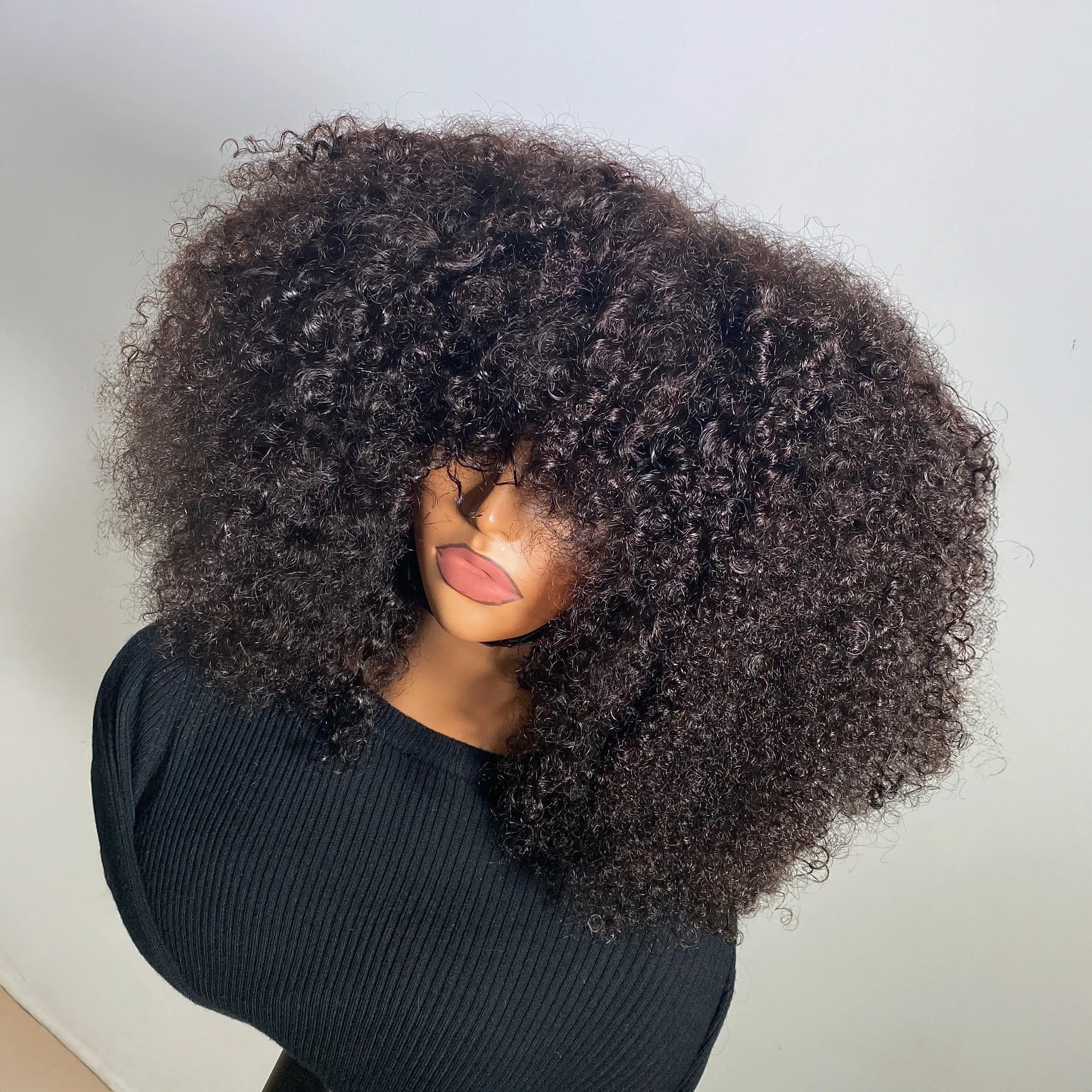Mongoolse krullende Afro Kinky menselijk haar pruiken met pruik Bangs Pony pruik vrouwen zonder lijm bouncy dichtheid 300%