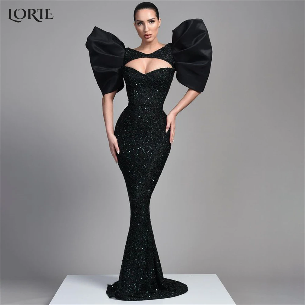 

LORIE Black Luxury Mermaid Evening Dresses Puffy Satin Sleeves Bodycon Glitter Prom Dress Sequins Backless Celebrity Party Gowns