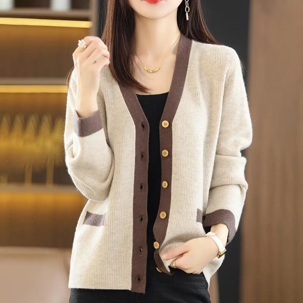 

Women Spring Cardigan Women's Knitted V-neck Sweater Coat for Fall Spring Soft Warm Color Matching Casual Single-breasted Long