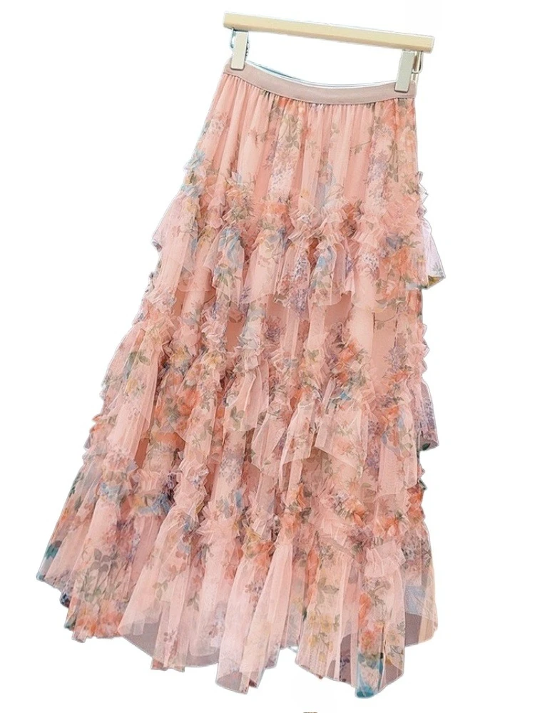 

Fashionable Splicing Printed Mesh Floral Ruffles Tiers Cake Skirt