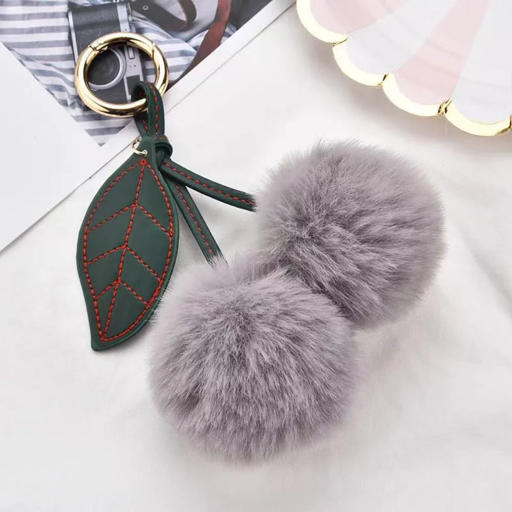 Multi-Color Plush Toy Keychain, Bola De Pele De Coelho, Chaveiro De Cereja, Acessório Chave De Folha, Mochila