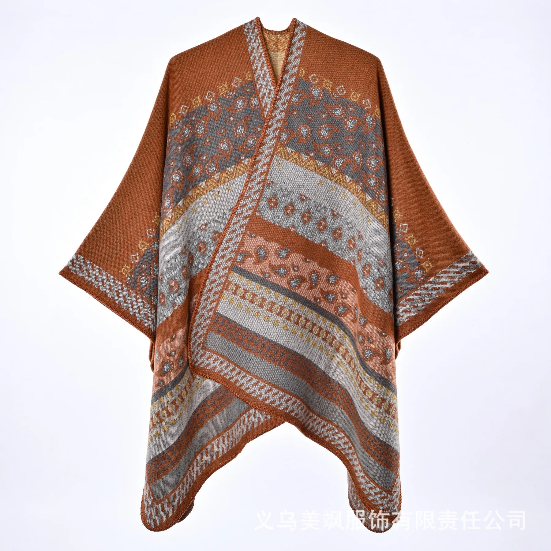 Unisex Ethnic Paisley Striped Poncho Cape Cashmere Feel Oversized Shawl Autumn Winter Casual Travel Party Wrap Outerwear