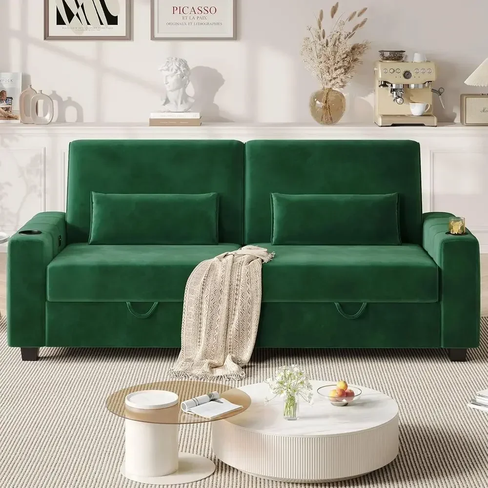 88 Inch Green Velvet Loveseat Sofa with Storage, Charging Ports, and Heightened Backrests for Comfortable Living Room Assembly