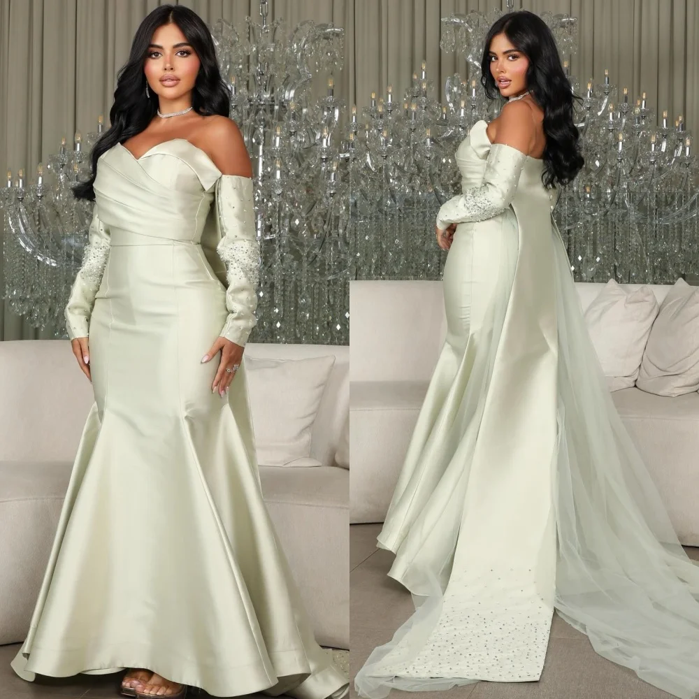 Customized High Quality Formal Charmeuse Beading Ruched Mermaid Off-the-shoulder Midi Dresses Bespoke Occasion Dresses Matching