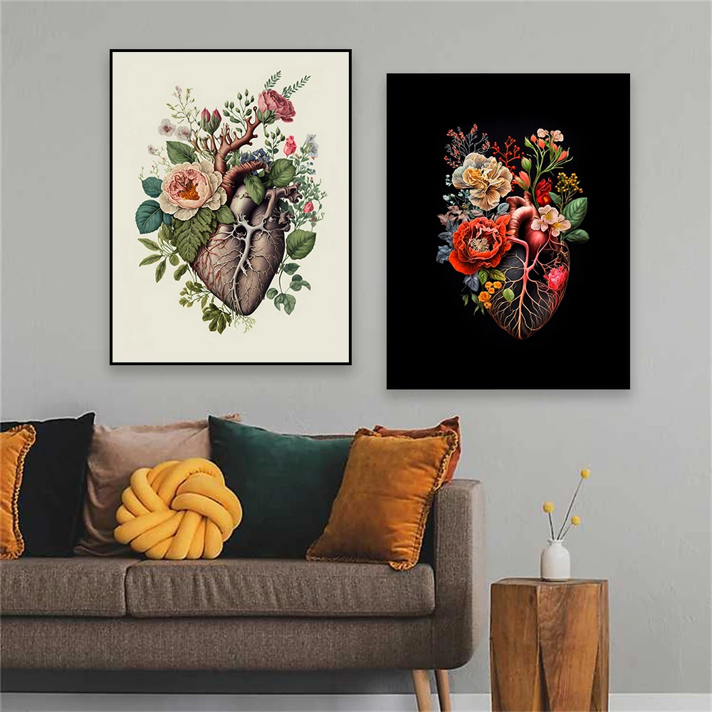 Human Heart Print Floral Heart Poster Colorful Anatomical Heart Art Illustration with Flowers Wall Canvas Painting Medical Decor