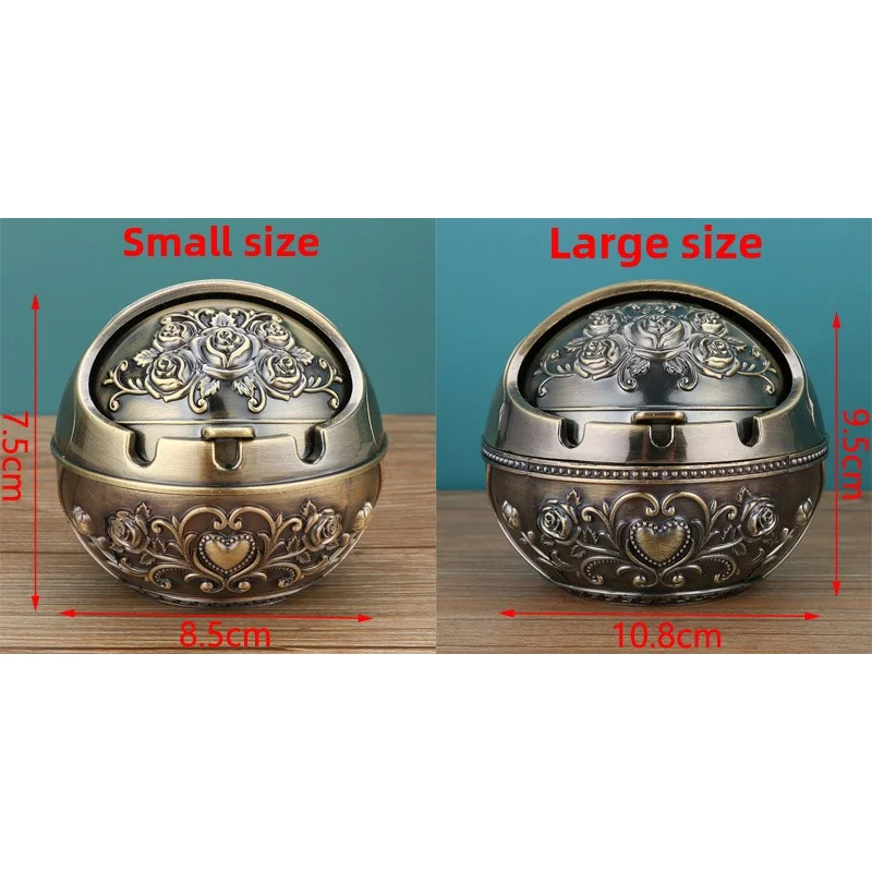 منفضة سجائر رجعية من سبيكة الزنك مقاومة للرياح بغطاء شبه مغلق تصميم ثلاثي الأبعاد من المينا - منفضة سجائر على شكل كرة أرضية - نمط وردة صغيرة برونزية #3