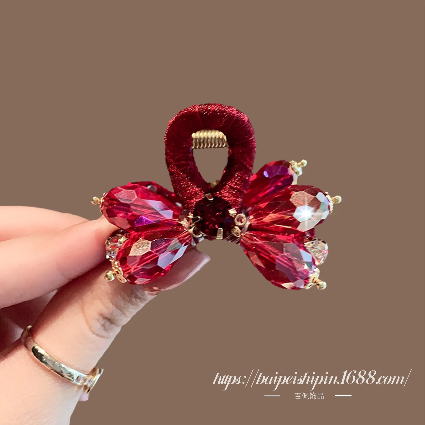 Korean Sparkly Crystal Mini Claw Clips Red Side Bangs Hair Grips for Women Sweet Princess Style Non Slip Daily