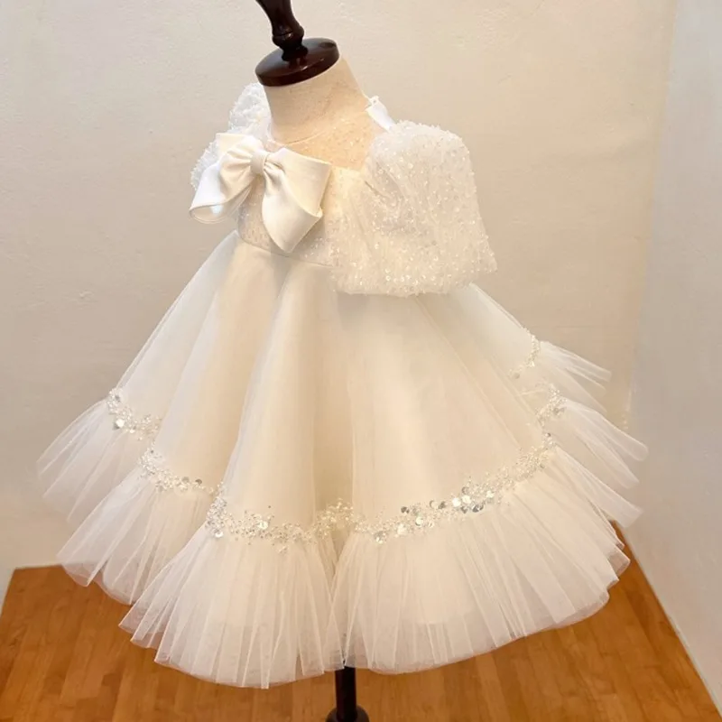 Baby Girl Princess Sequin Bow Tutu Dress Puffy Sleeve Child Elegant Vestido Ruffled Tulle Party Birthday Baby Clothes 1-12Y