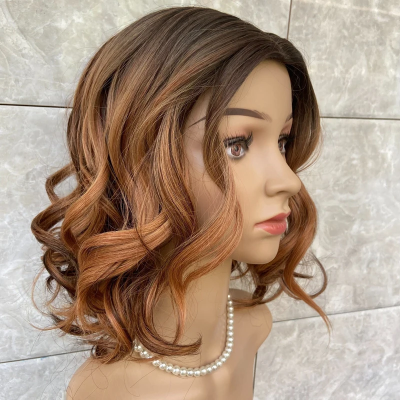 

Medium Curly Wavy Hair Blend Heat Ok Wigs Brown Mix Blonde Women Soft