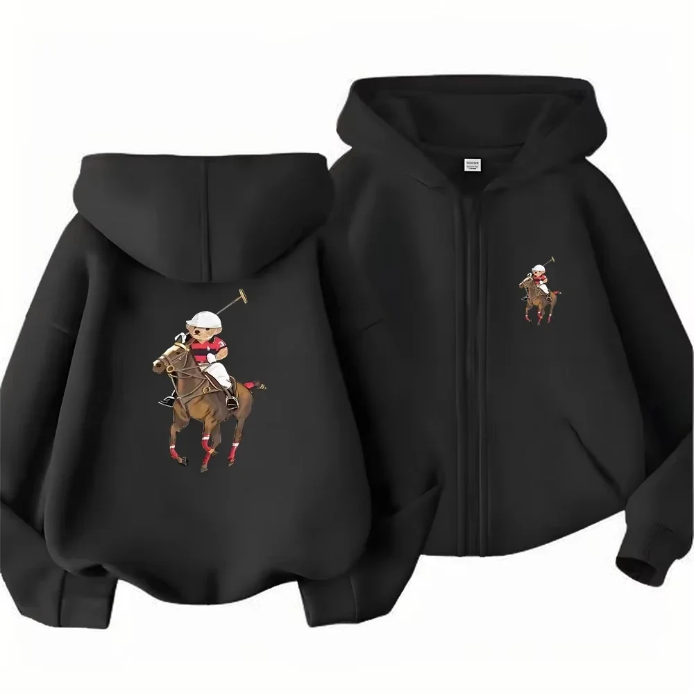 Boys Full Zip Hooded Sweatshirt Vintage Cartoon Equestrian Bear Rider Pattern Loose Daily Kids Outerwear With Front Pocket