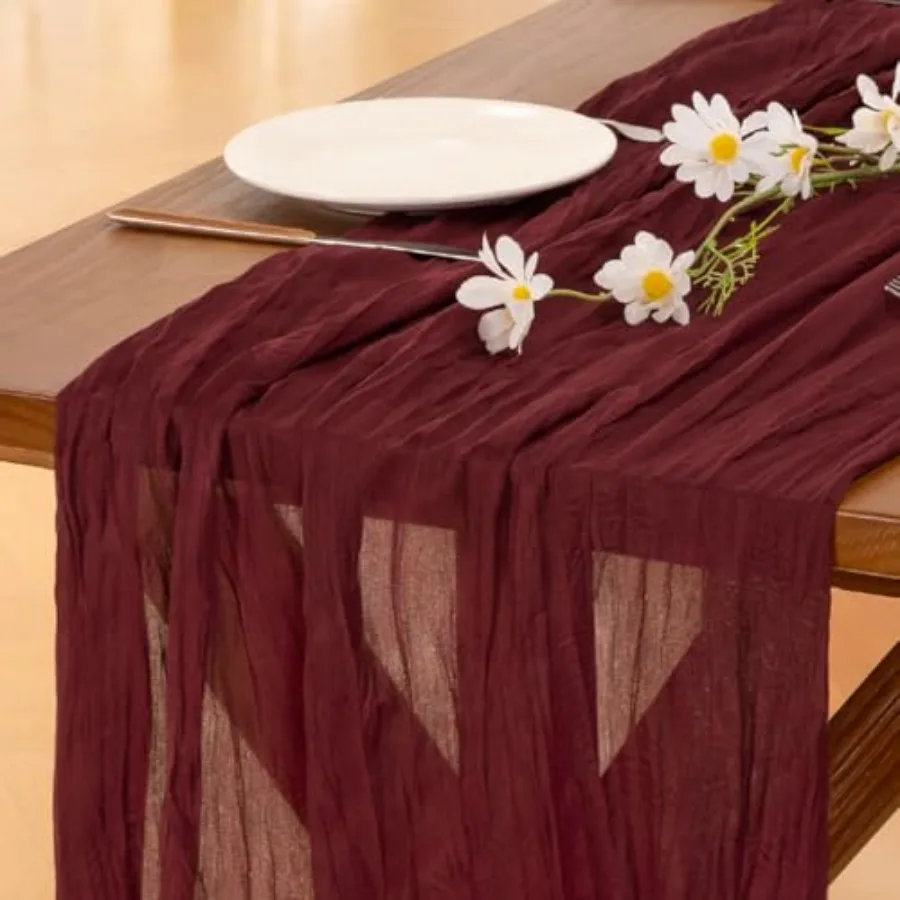 10 unidades de Camino de Mesa de Gasa Rojo Borgoña, Estilo Boho Rústico, para Primavera y Pascua, 120 pulgadas (10 pies), para Bodas y Fiestas