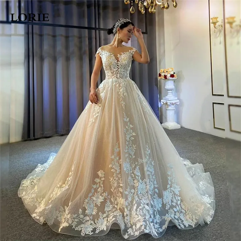 

LORIE Modest Lace Wedding Dress A Line Sleeveless Appliqued Lace Bride Dresses Elegant Illusion Back Wedding Gowns