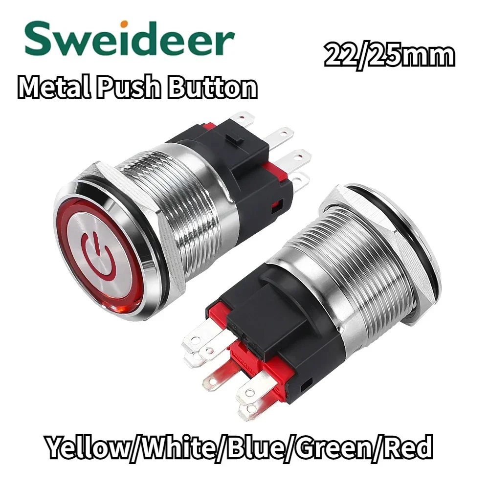 22/25mm Metal Push Button Switch 10A High Current Waterproof LED Light Momentary Latching Car Engine Power Switch3V 5V 24V 220V