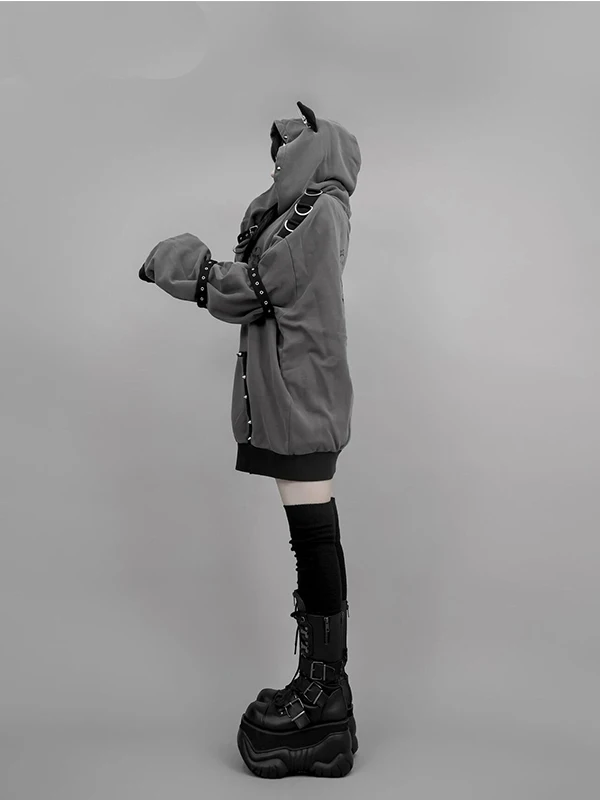 Sweat-shirt gothique foncé avec fermeture éclair pour femme, vêtement Punk, avec oreilles de chat, sous-culture, automne-hiver, Y2K, années 2000