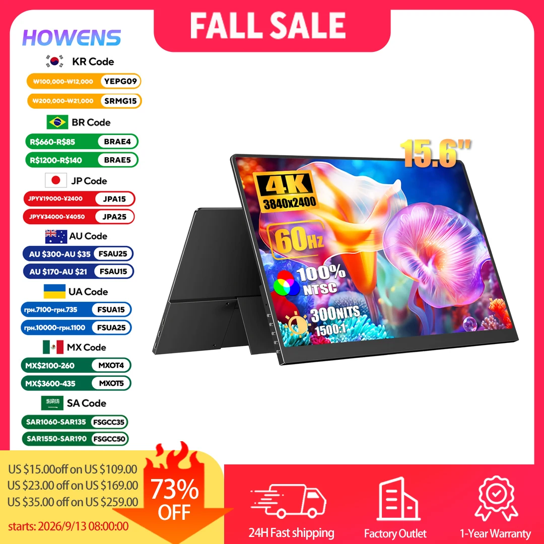 15.6Inch 4K UHD Portable Monitor 3840x2400 60Hz IPS Gaming Display USBC HDMI VESA for Laptop Phone PS5 PC External Second Screen