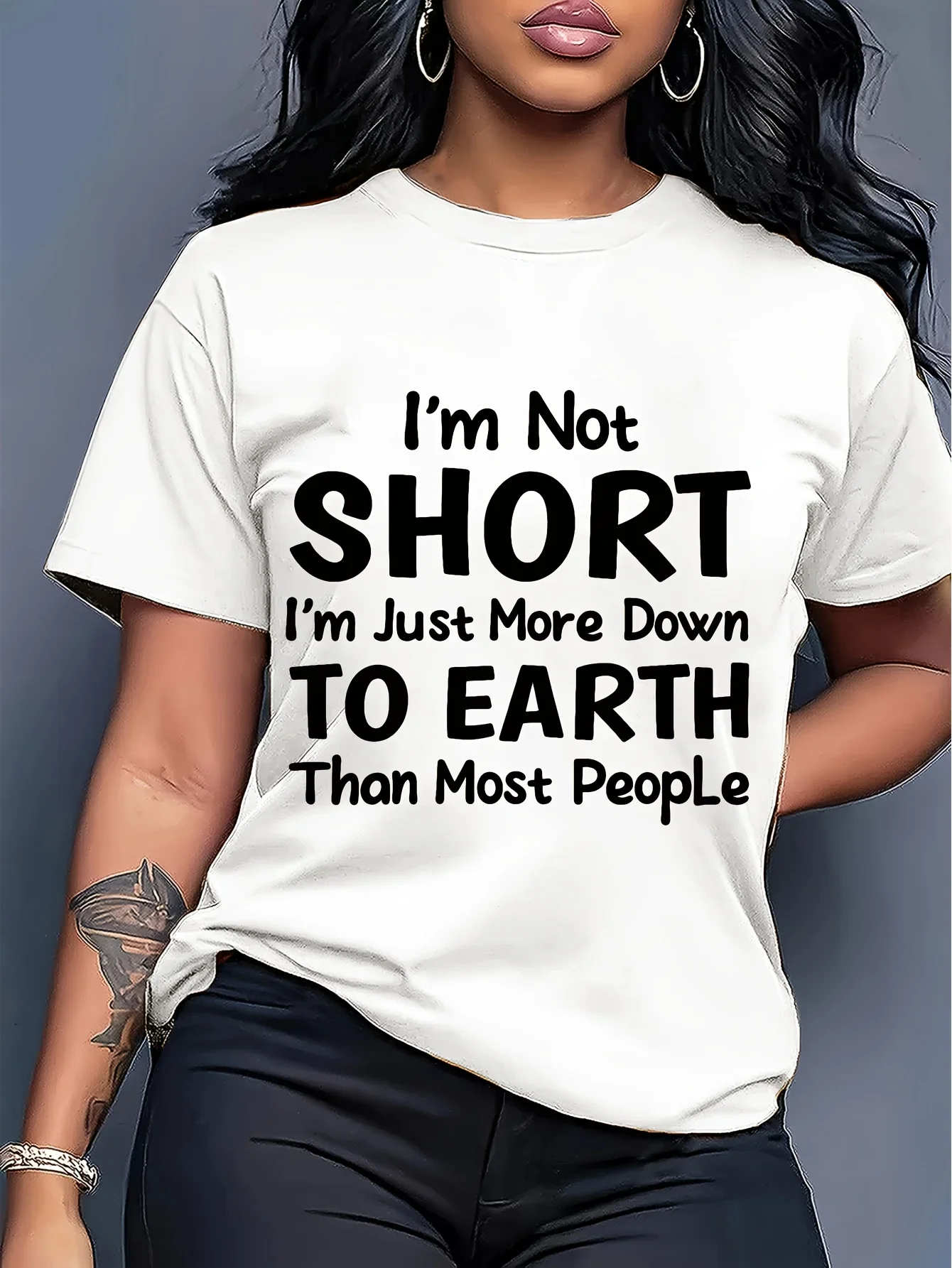 Women's Funny 'I'm Not Short' Tee Purple Quirky down to Earth Quote Casual Wear Top Comfortable Fit Graphic T-Shirt